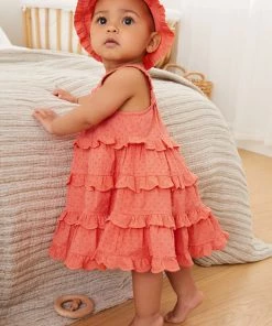 Baker By Ted Baker Baby Girls Coral Pink Tiered Dress And Hat Set